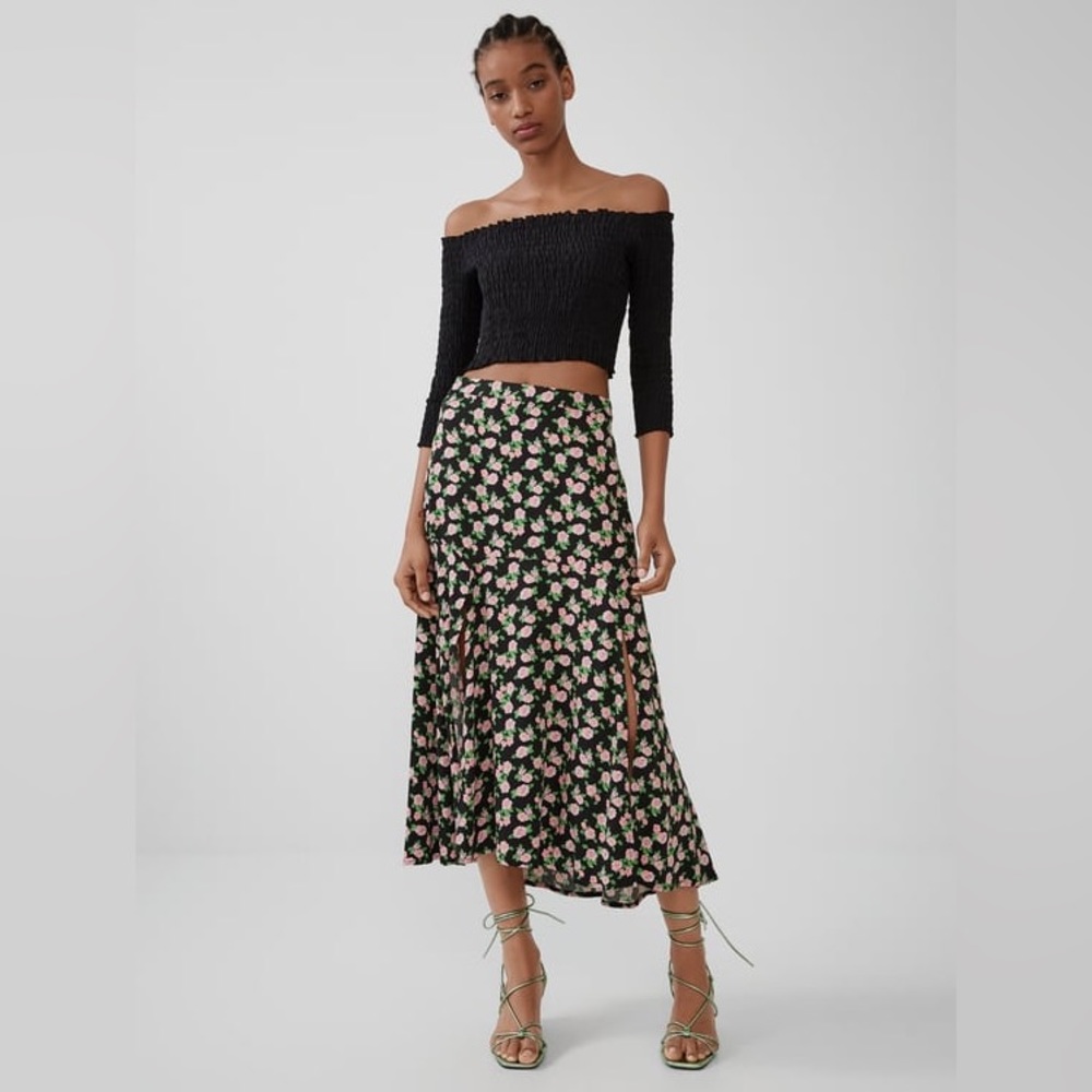 ZARA Womens Floral Print Midi Flowy Skirt Size M